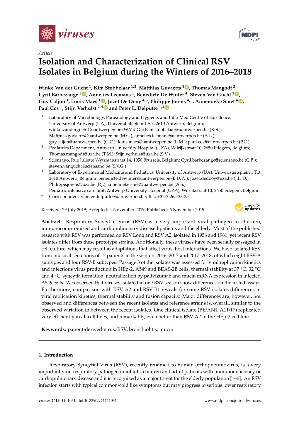 Isolation and Characterization of Clinical RSV Isolates in Belgium During the Winters of 2016–2018