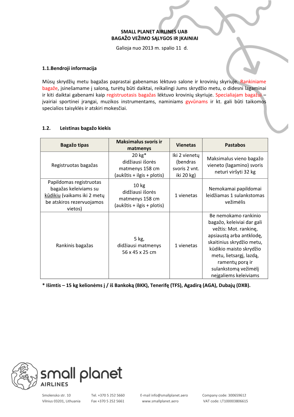 SMALL PLANET AIRLINES UAB BAGAŽO VEŽIMO SĄLYGOS IR ĮKAINIAI Galioja Nuo 2013 M