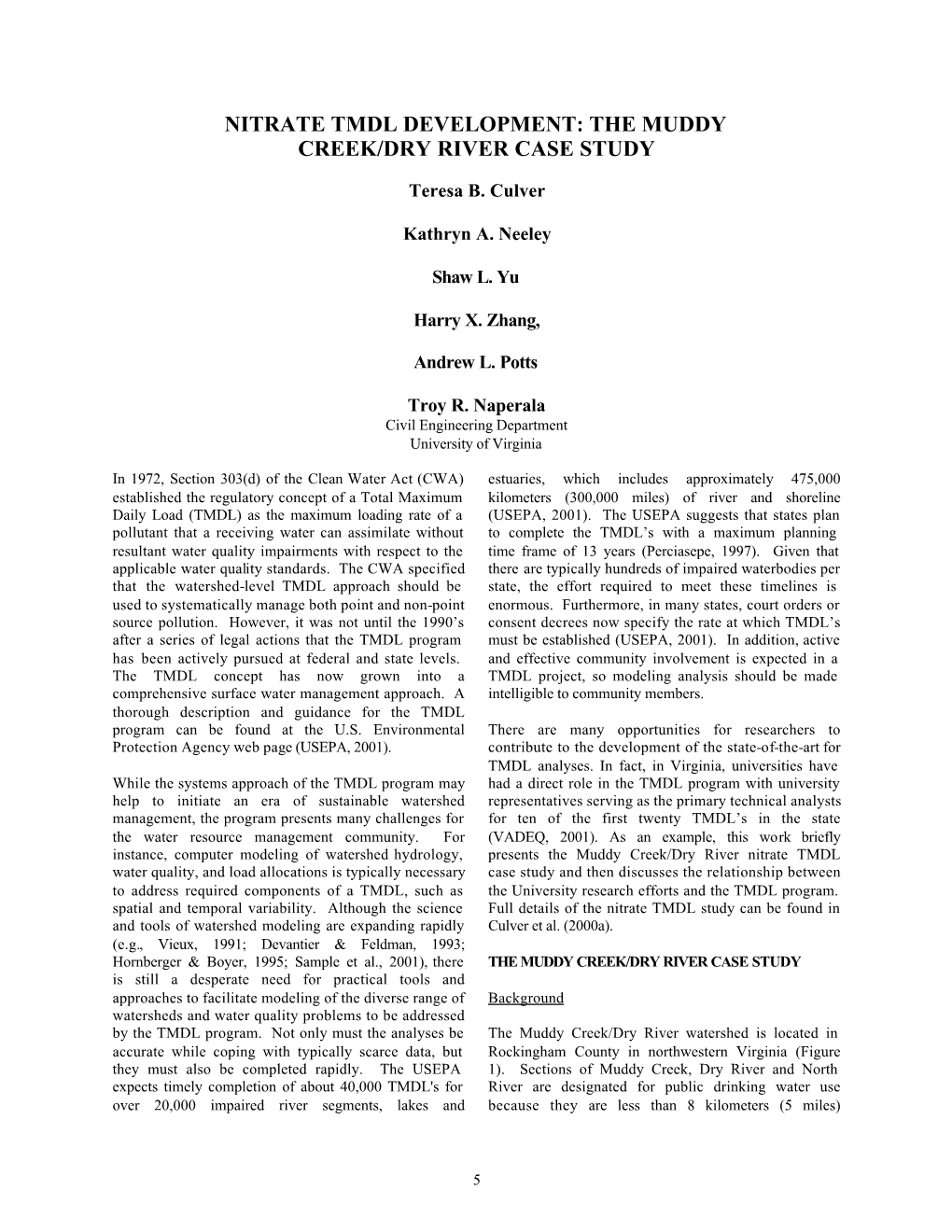 Nitrate Tmdl Development: the Muddy Creek/Dry River Case Study