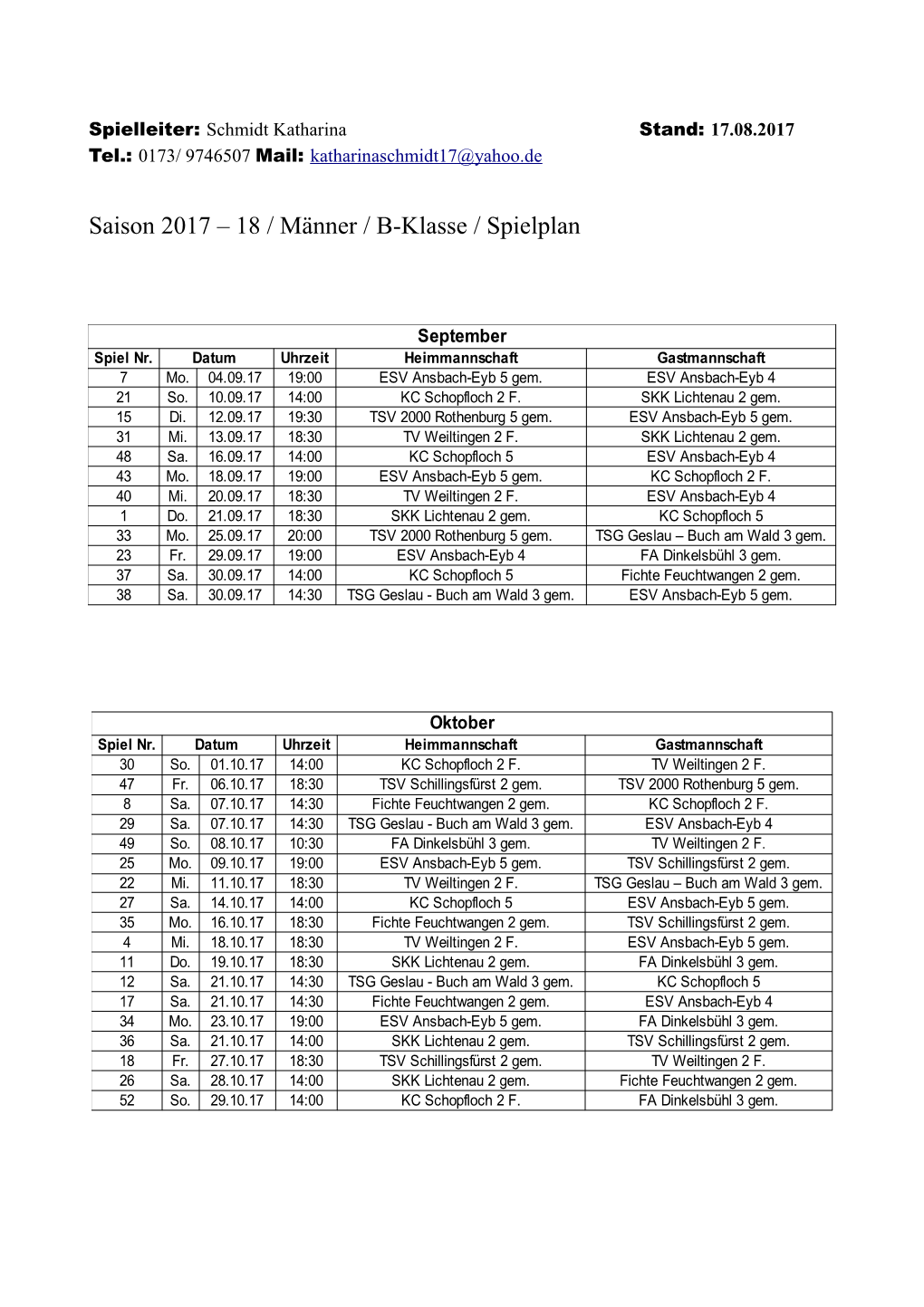Saison 2017 – 18 / Männer / B-Klasse / Spielplan