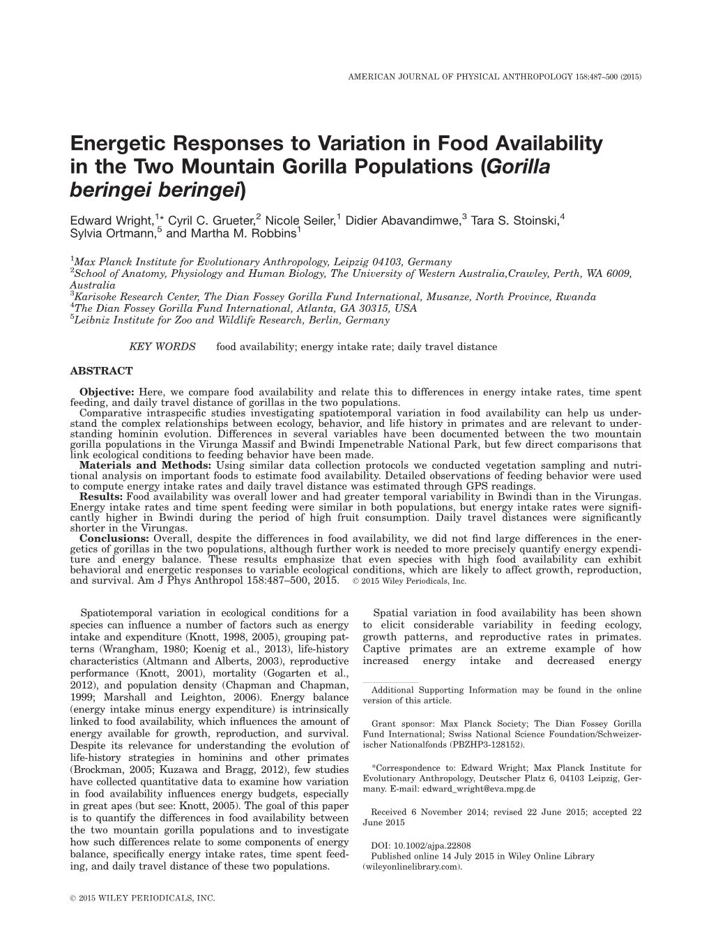Energetic Responses to Variation in Food Availability in the Two Mountain Gorilla Populations (Gorilla Beringei Beringei)