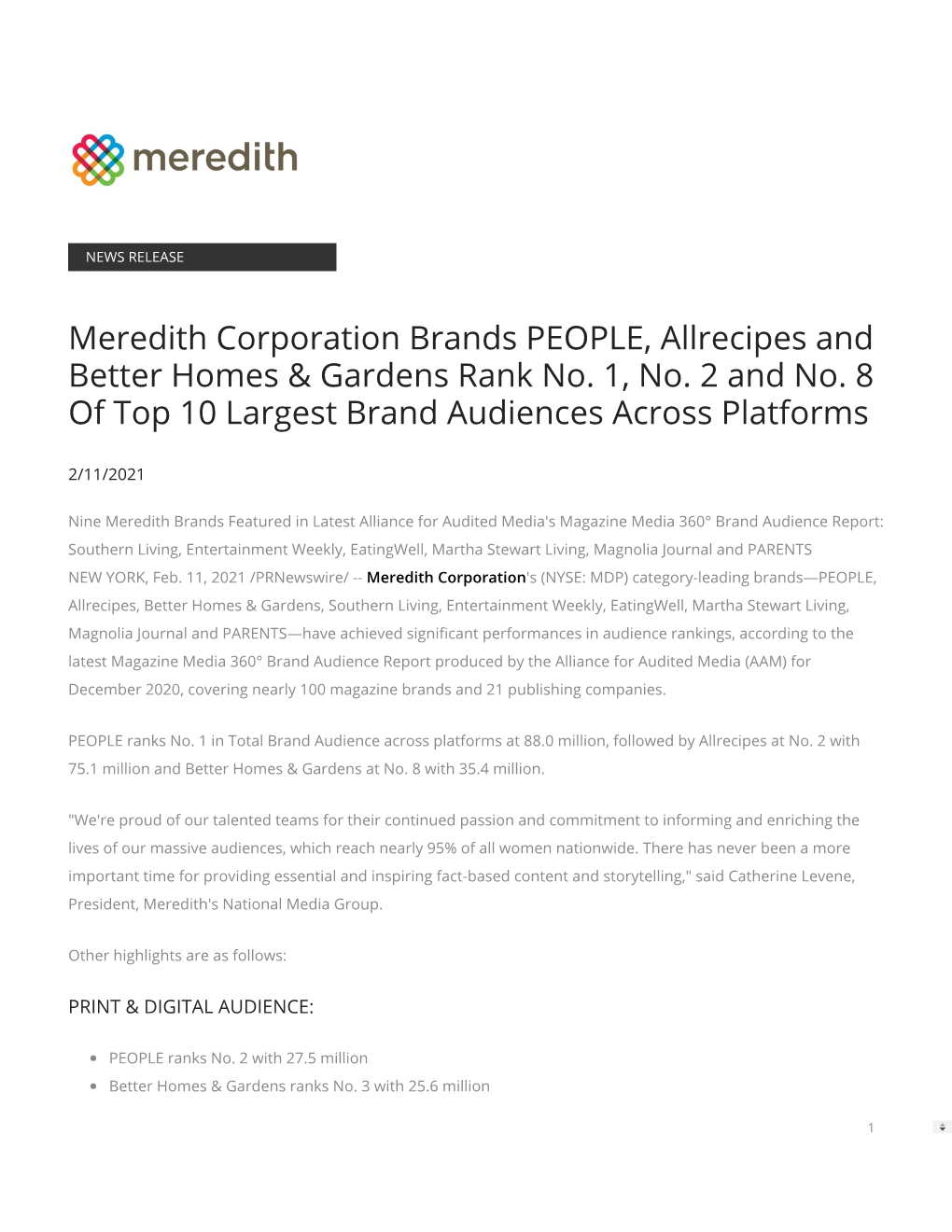 Meredith Corporation Brands PEOPLE, Allrecipes and Better Homes & Gardens Rank No