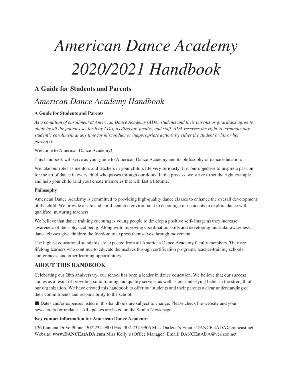 American Dance Academy 2020/2021 Handbook