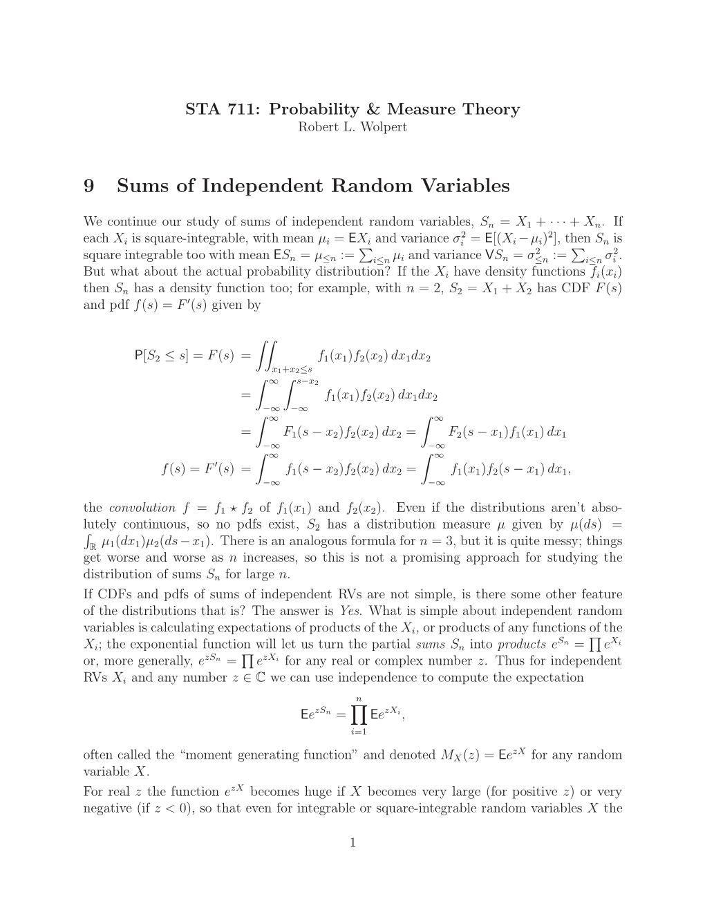 9 Sums of Independent Random Variables