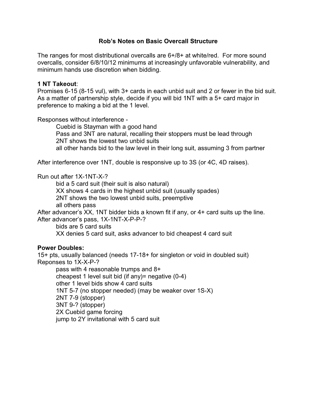 Rob S Notes on Basic Overcall Structure