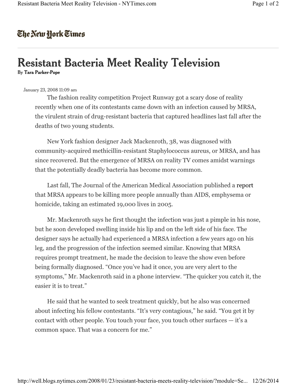 Resistant Bacteria Meet Reality Television - Nytimes.Com Page 1 of 2