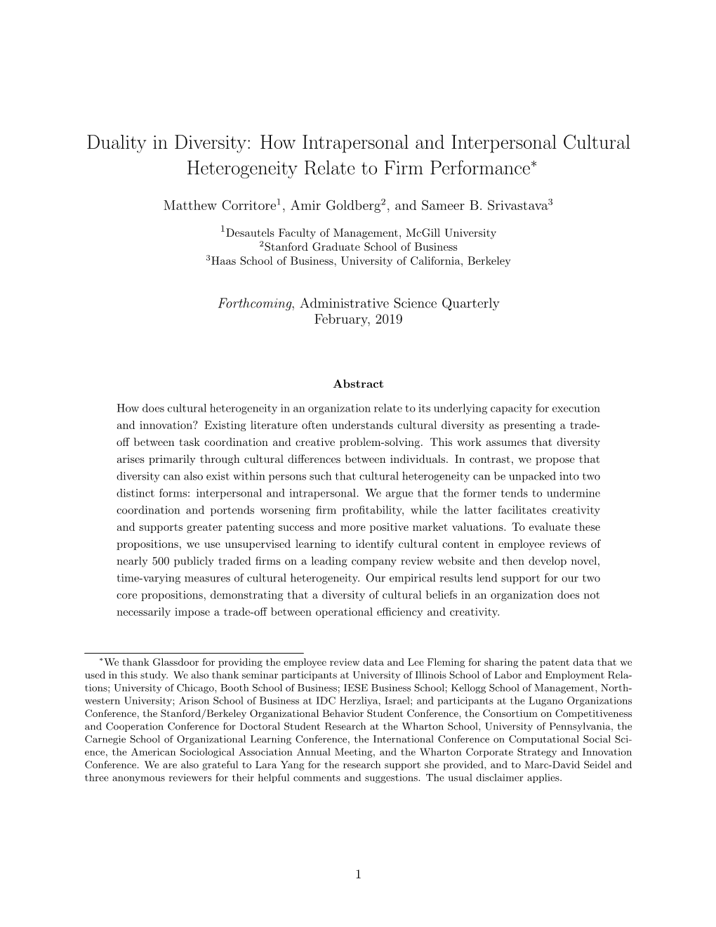 Duality in Diversity: How Intrapersonal and Interpersonal Cultural Heterogeneity Relate to Firm Performance∗