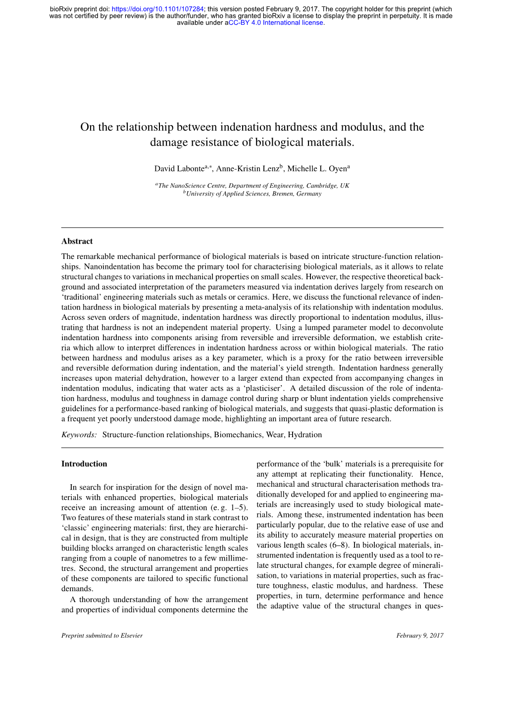 On the Relationship Between Indenation Hardness and Modulus, and the Damage Resistance of Biological Materials