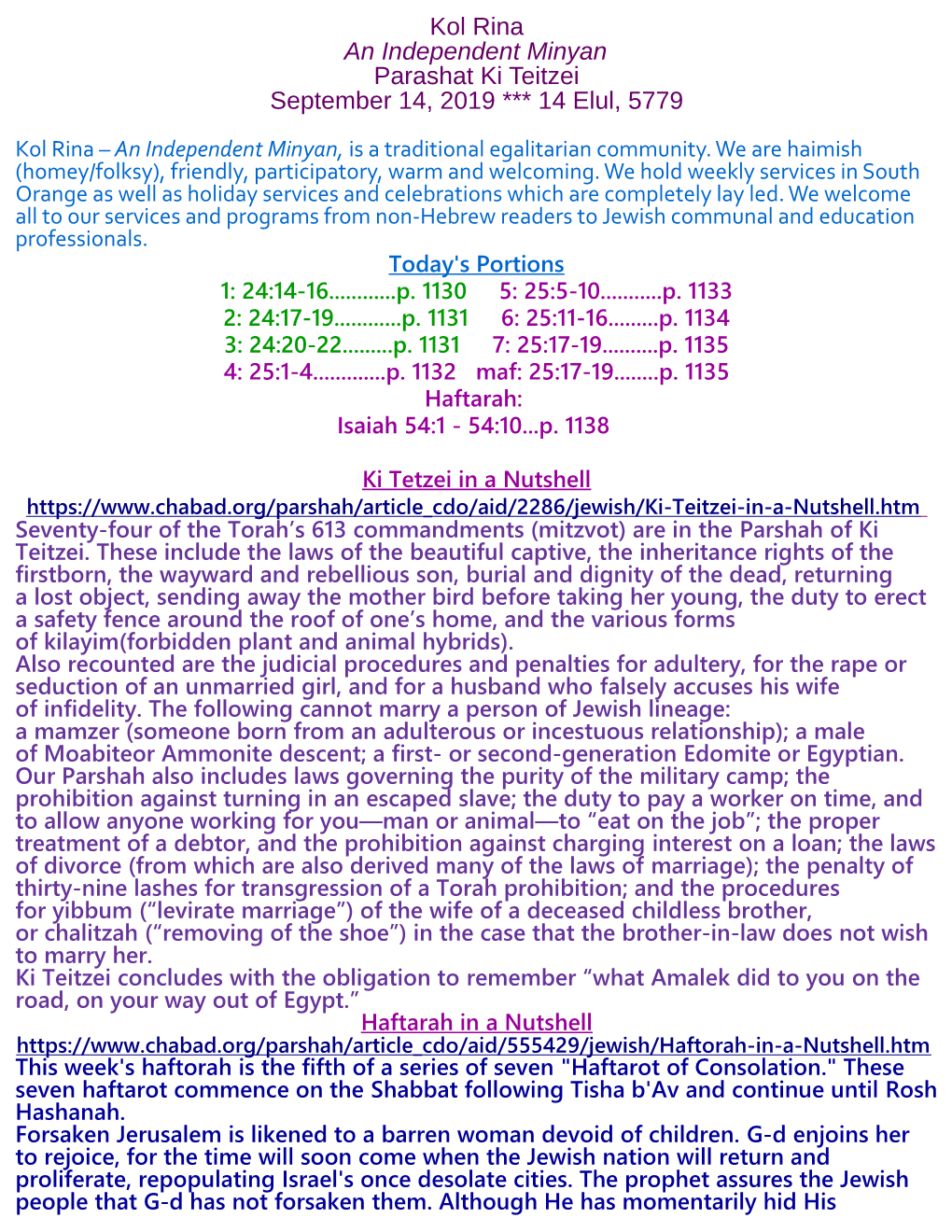 Kol Rina an Independent Minyan Parashat Ki Teitzei September 14, 2019 *** 14 Elul, 5779