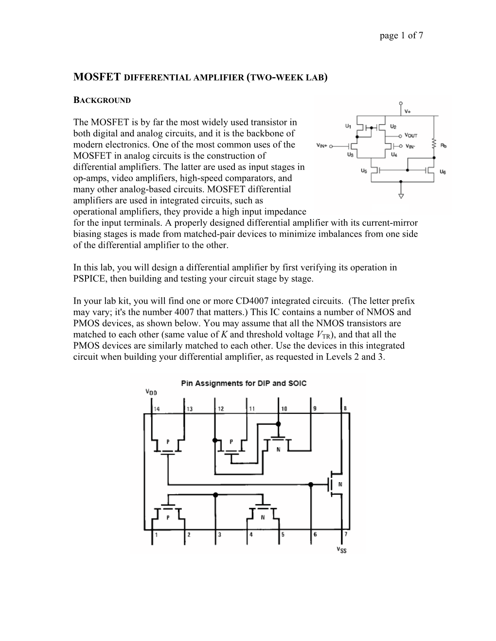 Mosfet Differential Amplifier (Two-Week Lab)