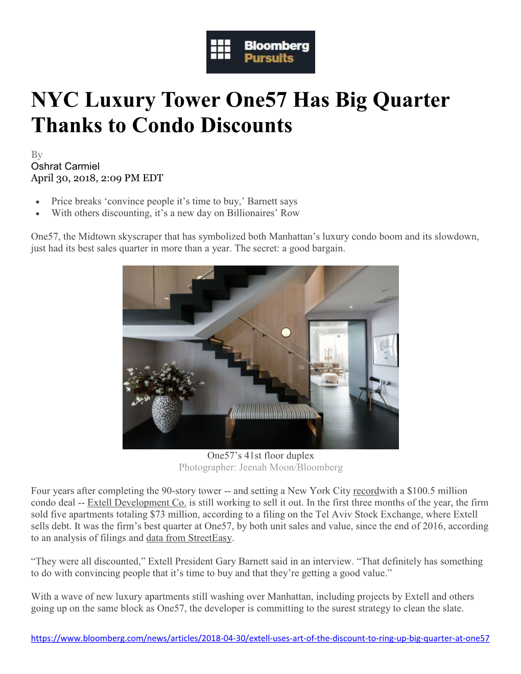 April 30, 2018 NYC Luxury Tower One57 Has Big Quarter Thanks To