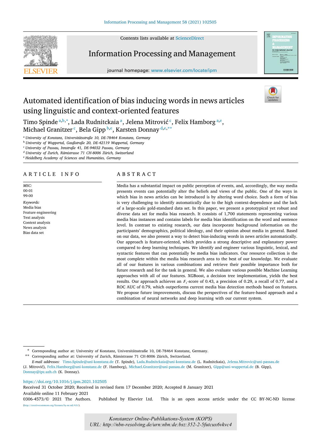 Automated Identification of Bias Inducing Words in News Articles