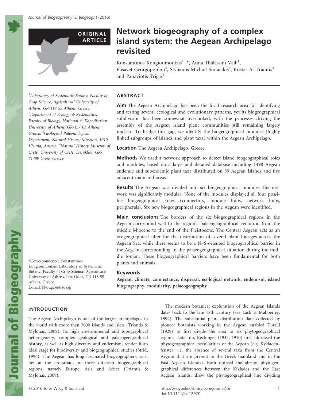 Network Biogeography of a Complex Island System: the Aegean