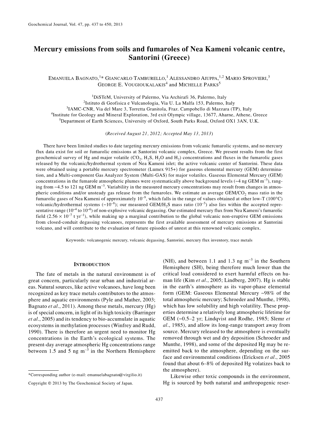 Mercury Emissions from Soils and Fumaroles of Nea Kameni Volcanic Centre, Santorini (Greece)