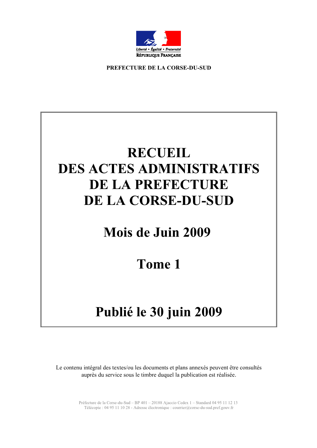 Recueil Des Actes Administratifs De La Prefecture De La Corse-Du-Sud