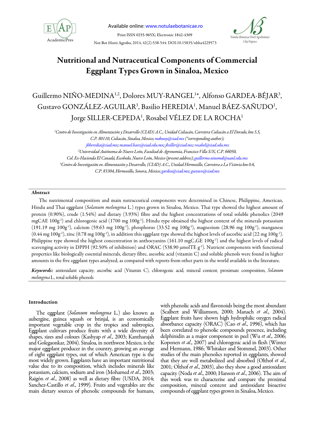 Nutritional and Nutraceutical Components of Commercial Eggplant Types Grown in Sinaloa, Mexico