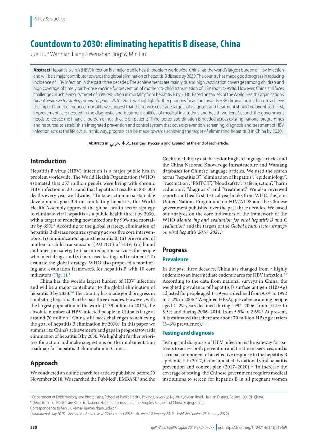 Countdown to 2030: Eliminating Hepatitis B Disease, China Jue Liu,A Wannian Liang,B Wenzhan Jinga & Min Liua