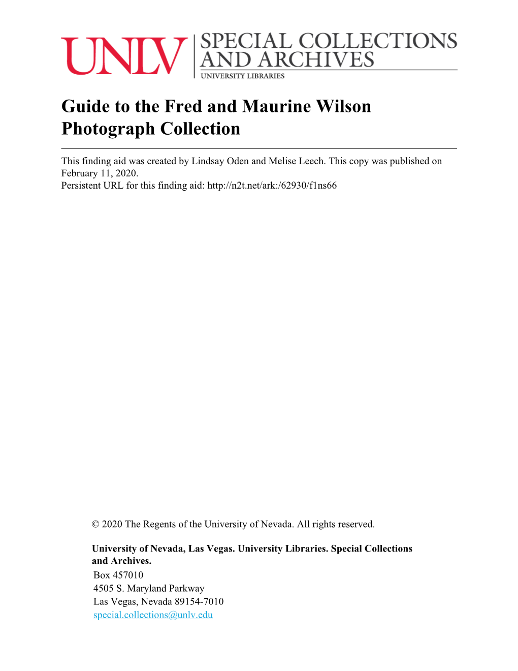 Guide to the Fred and Maurine Wilson Photograph Collection