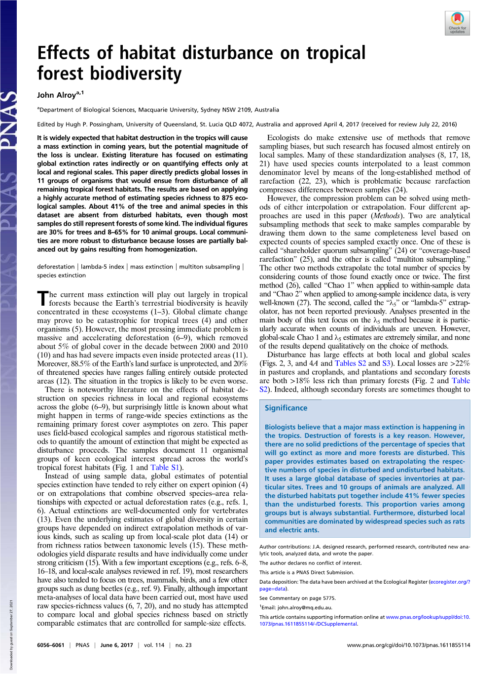 Effects of Habitat Disturbance on Tropical Forest Biodiversity