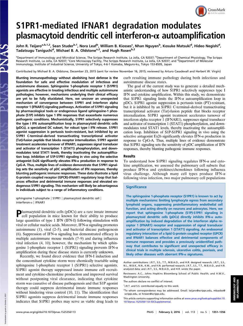 S1PR1-Mediated IFNAR1 Degradation Modulates Plasmacytoid Dendritic Cell Interferon-Α Autoamplification