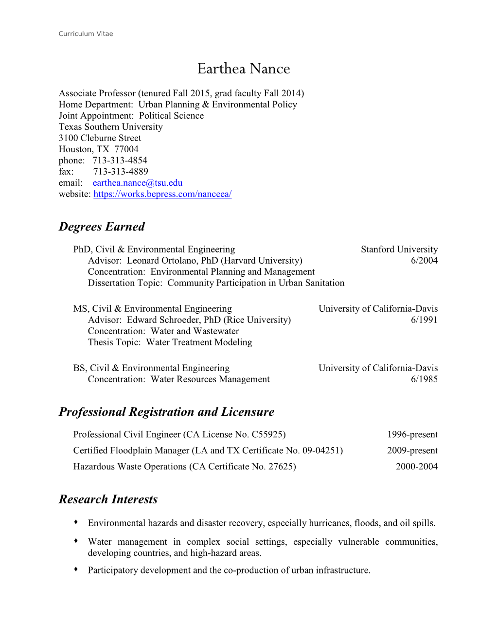 University of New Orleans Assistant Professor, Planning and Urban Studies 8/2009-6/2013