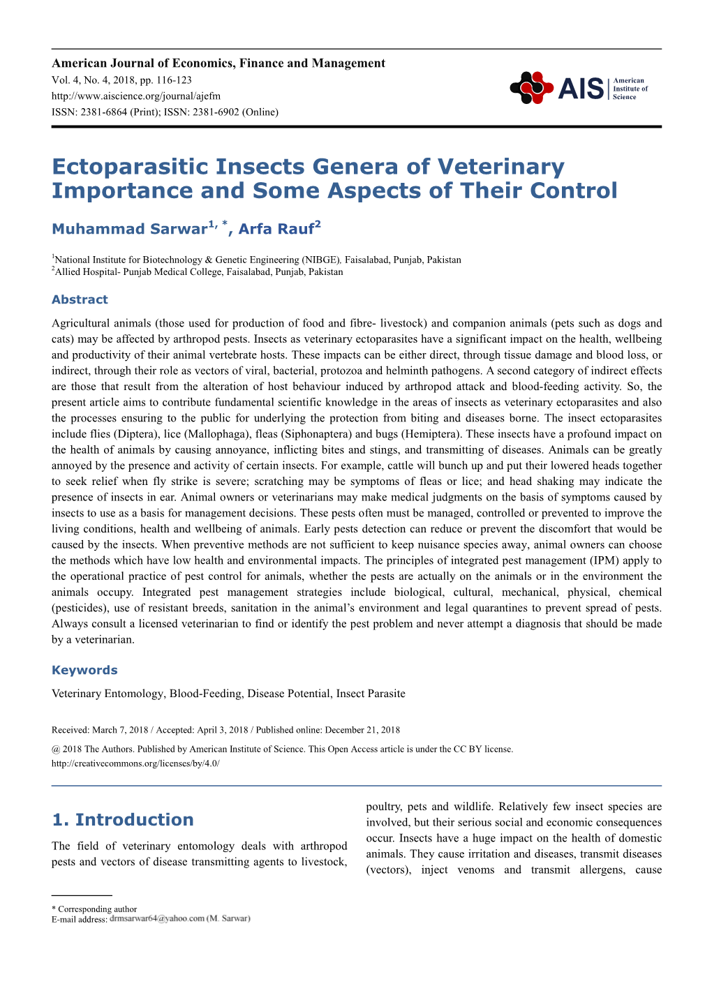 Ectoparasitic Insects Genera of Veterinary Importance and Some Aspects of Their Control
