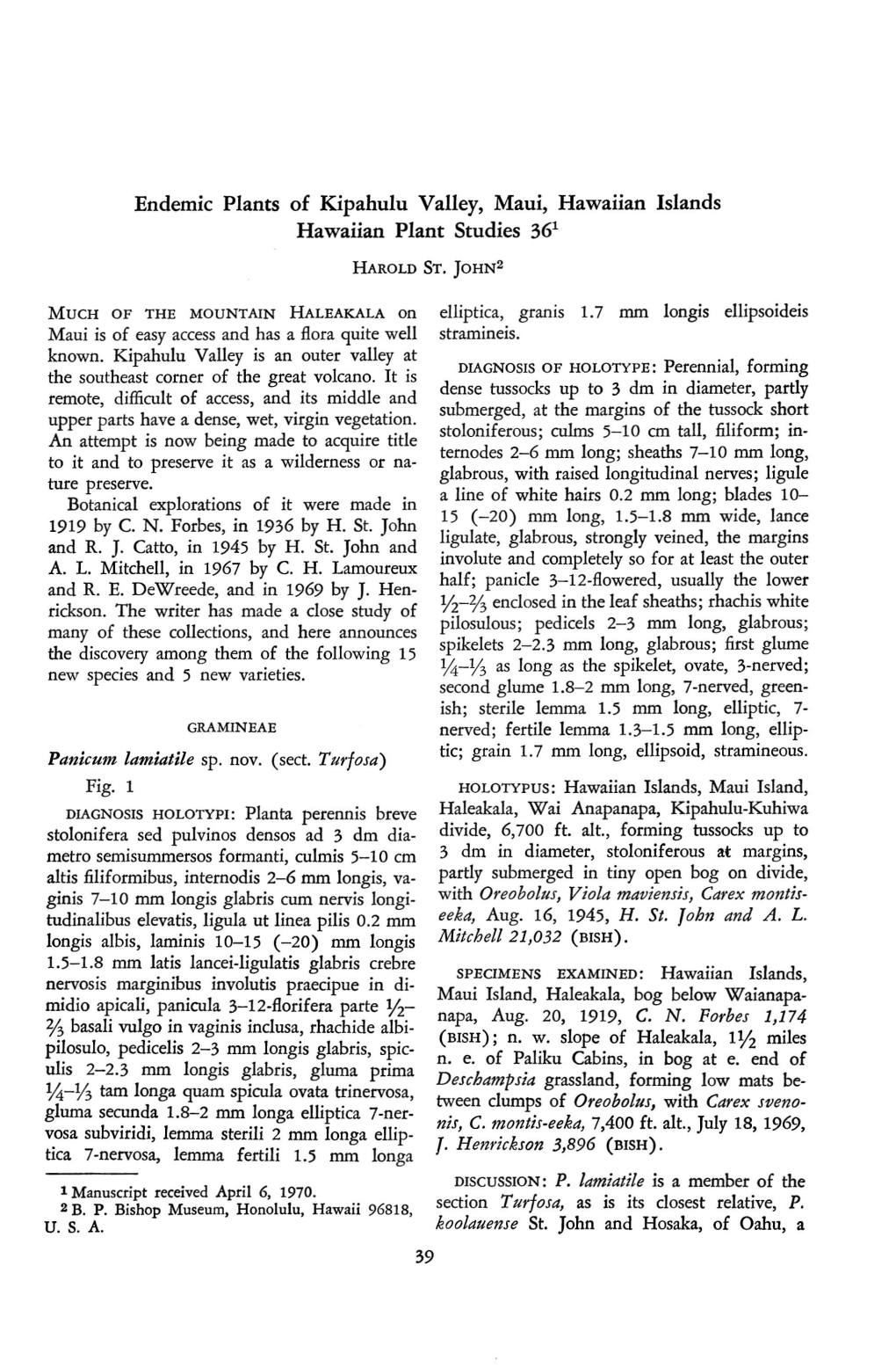 Endemic Plants of Kipahulu Valley, Maui, Hawaiian Islands Hawaiian Plant Studies 361 HAROLD ST