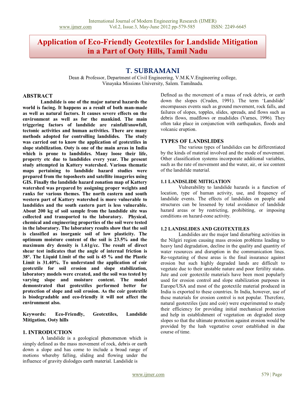 Application of Eco-Friendly Geotextiles for Landslide Mitigation in a Part of Ooty Hills, Tamil Nadu