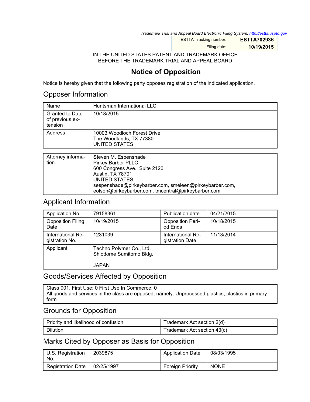 Notice of Opposition Opposer Information Applicant Information