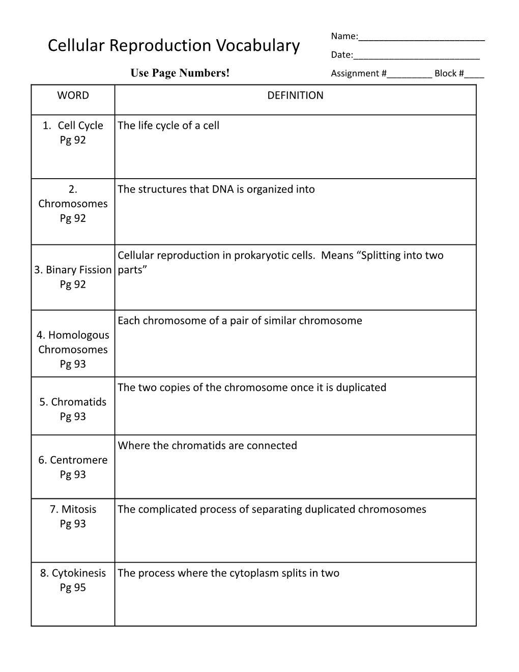 Cellular Reproduction Vocabulary Date:______Use Page Numbers! Assignment #______Block #____ WORD DEFINITION