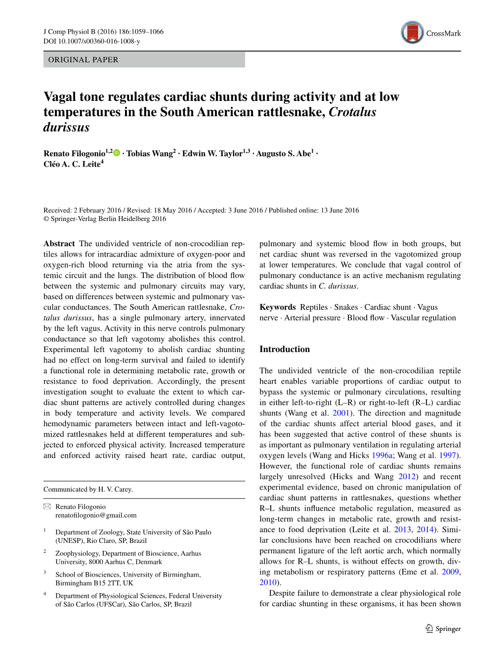 Vagal Tone Regulates Cardiac Shunts During Activity and at Low Temperatures in the South American Rattlesnake, Crotalus Durissus