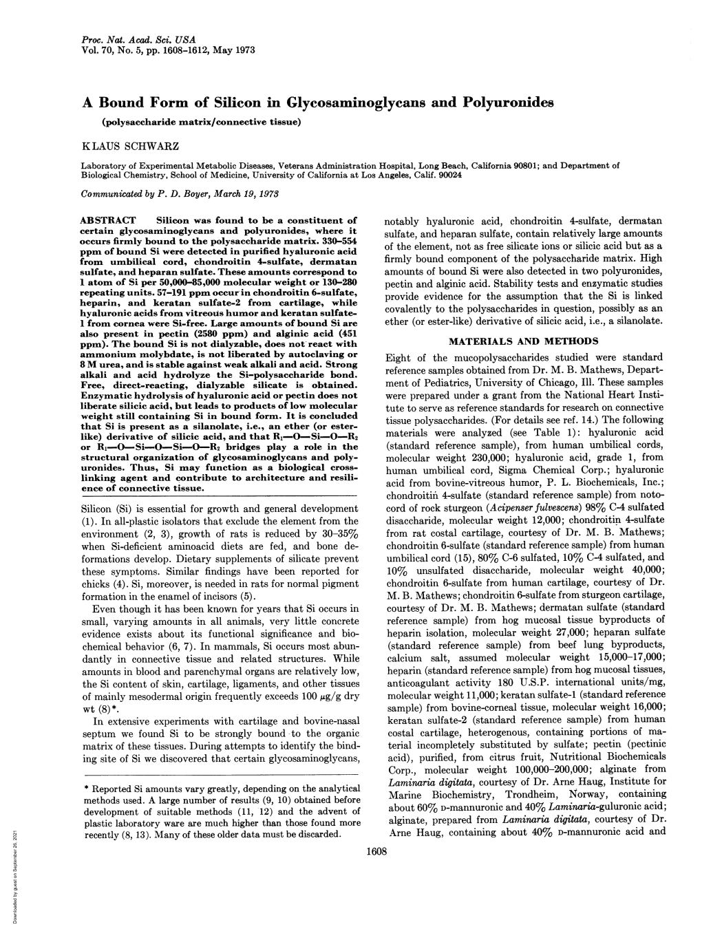 A Bound Form of Silicon in Glycosaminoglycans And