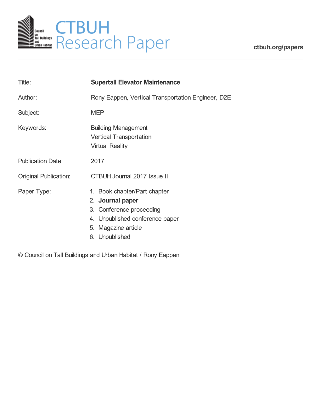 Supertall Elevator Maintenance 2. Journal Paper Ctbuh.Org/Papers