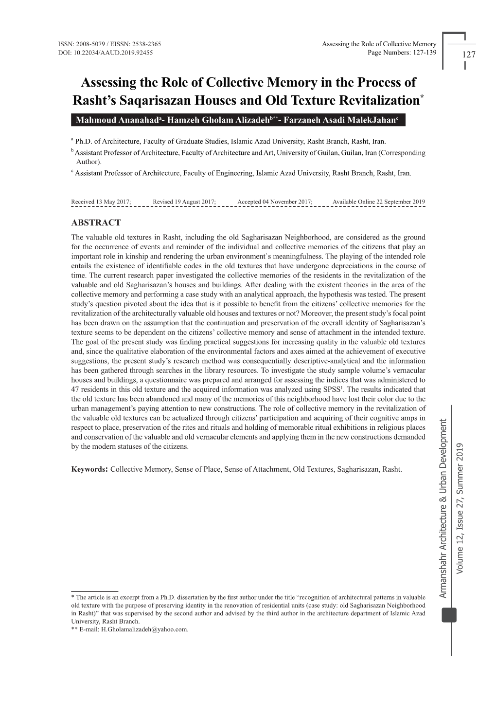 Assessing the Role of Collective Memory in the Process of Rasht's