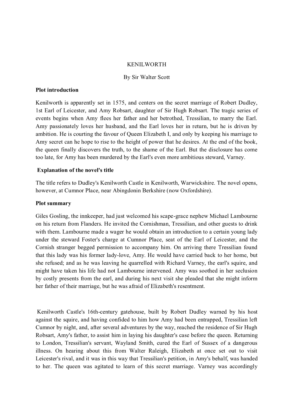 Kenilworth Plot Summary and Themes.Pdf