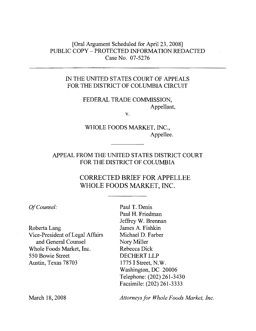 Corrected Brief for Appellee Whole Foods Market, Inc