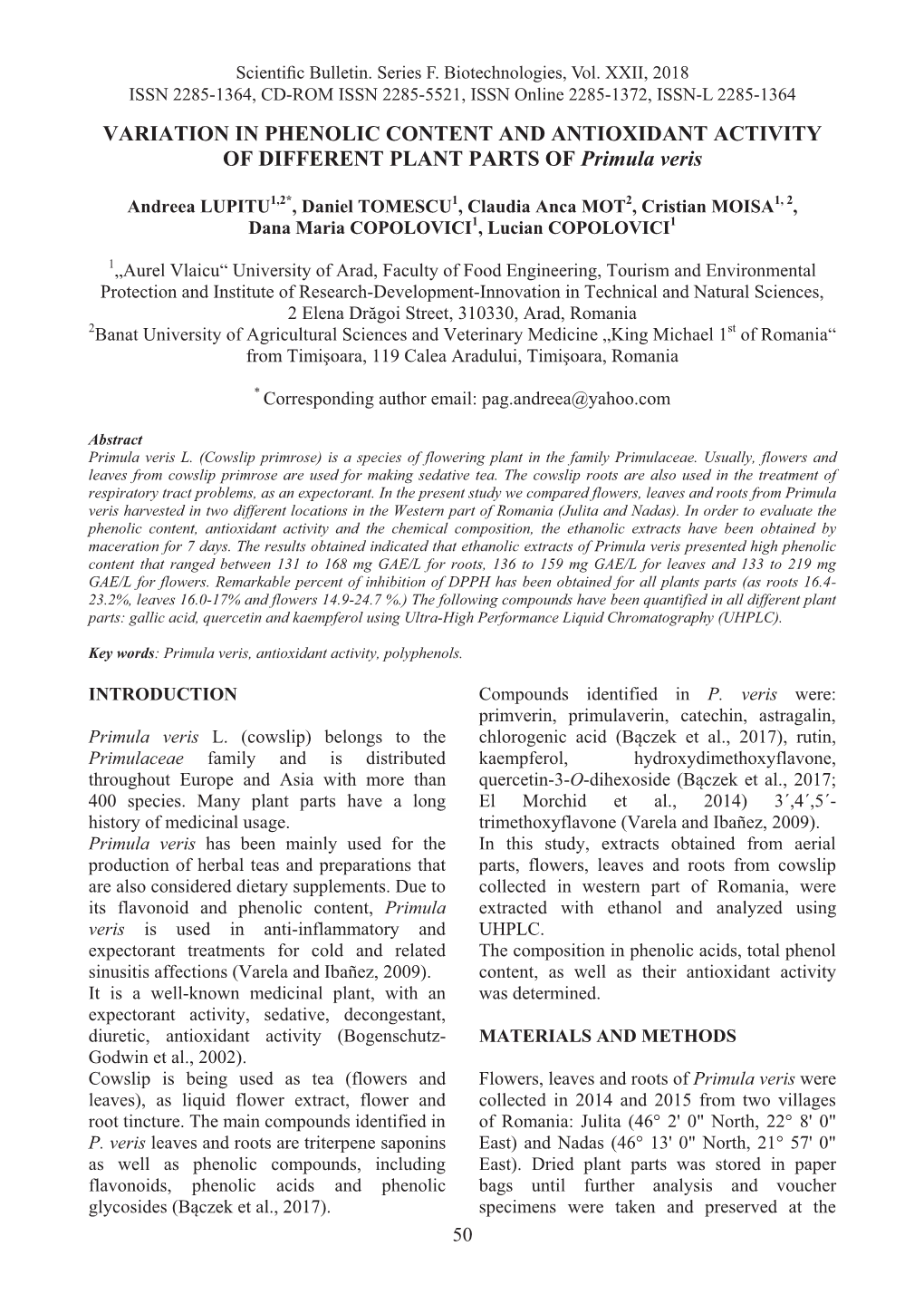 VARIATION in PHENOLIC CONTENT and ANTIOXIDANT ACTIVITY of DIFFERENT PLANT PARTS of Primula Veris