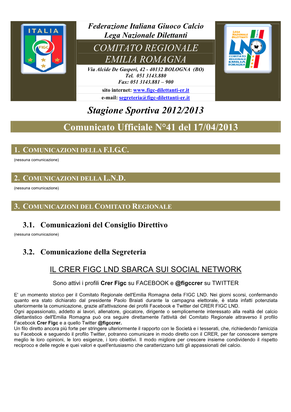 COMITATO REGIONALE EMILIA ROMAGNA Stagione Sportiva