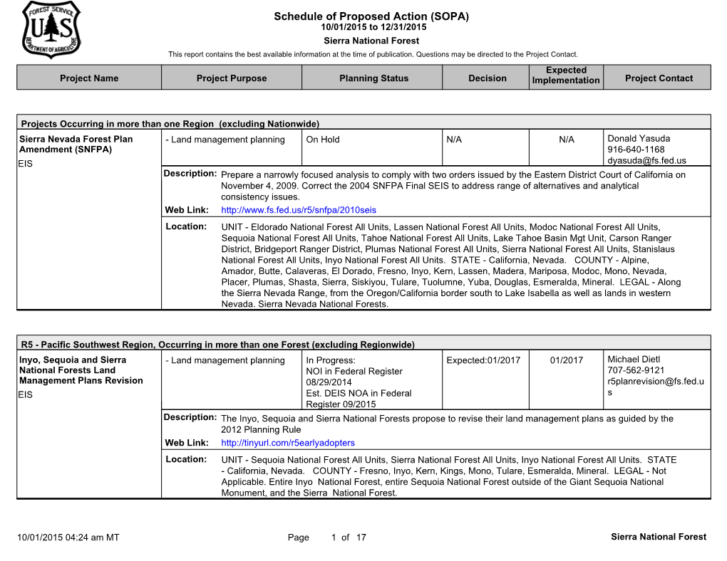 SOPA) 10/01/2015 to 12/31/2015 Sierra National Forest This Report Contains the Best Available Information at the Time of Publication