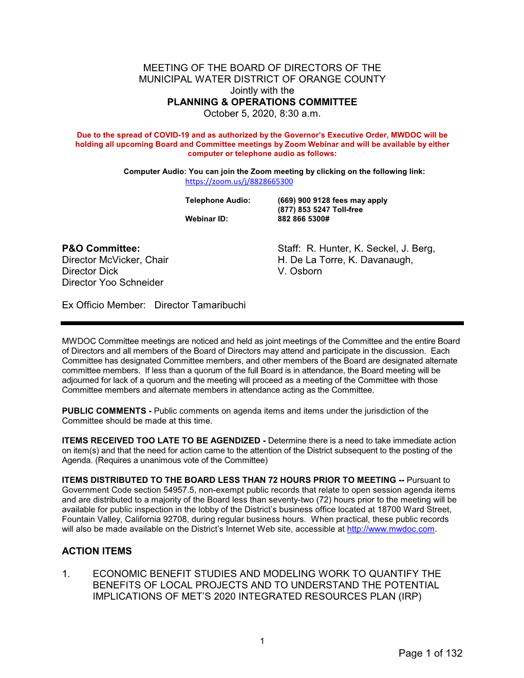 OF the BOARD of DIRECTORS of the MUNICIPAL WATER DISTRICT of ORANGE COUNTY Jointly with the PLANNING & OPERATIONS COMMITTEE October 5, 2020, 8:30 A.M