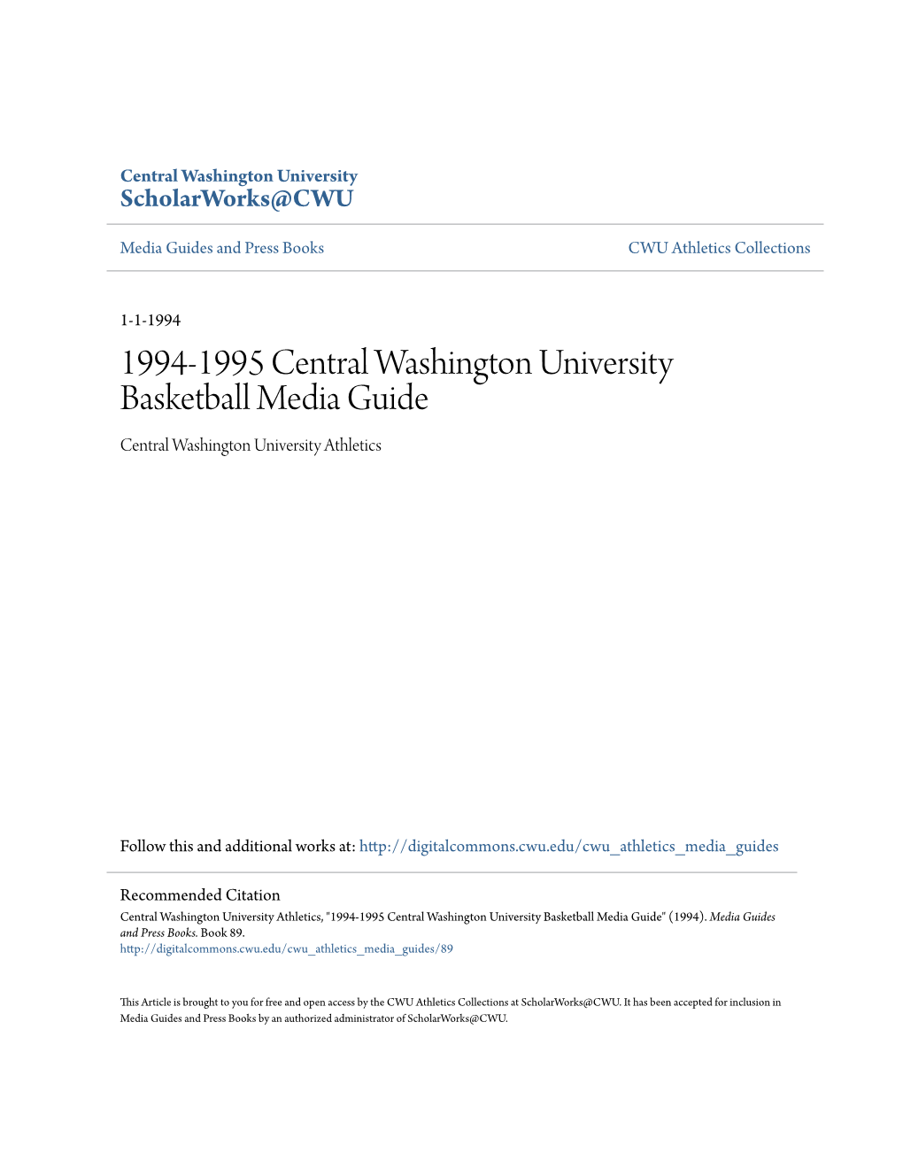 1994-1995 Central Washington University Basketball Media Guide Central Washington University Athletics