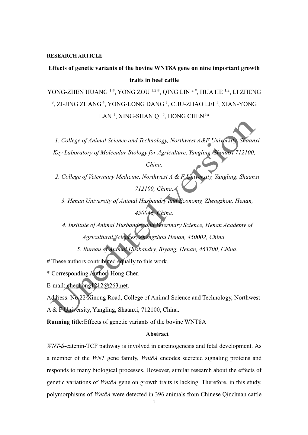 Effects of Genetic Variants of the Bovine WNT8A Gene on Nine