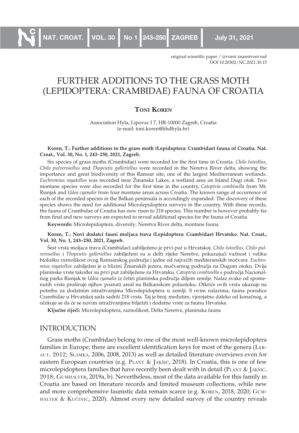 Further Additions to the Grass Moth (Lepidoptera: Crambidae) Fauna of Croatia