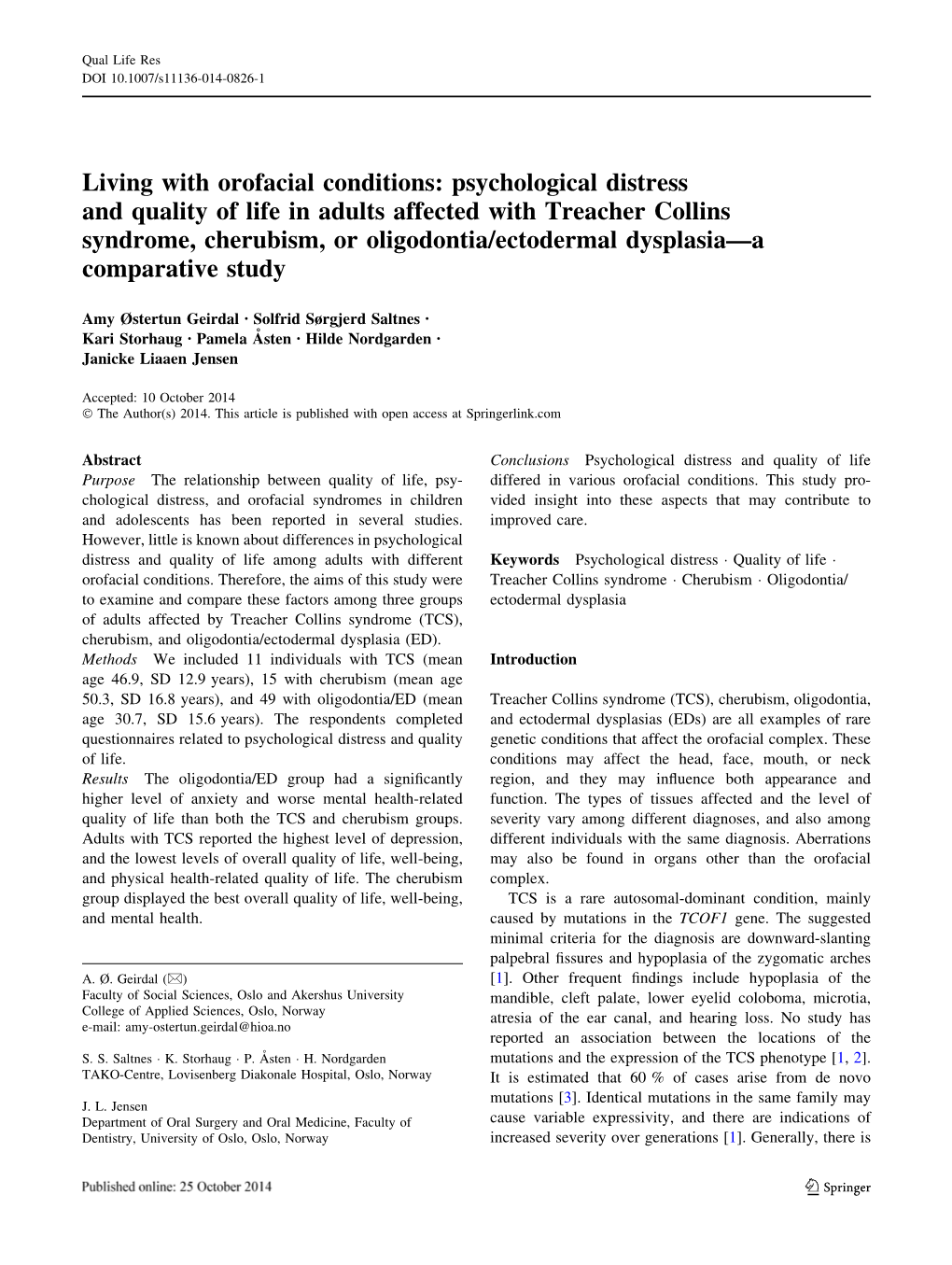 Living with Orofacial Conditions: Psychological Distress