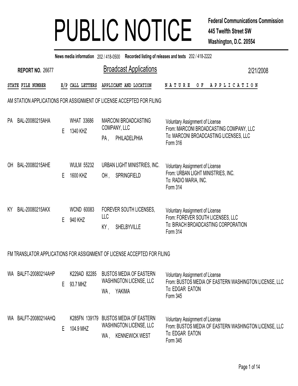 Broadcast Applications 2/21/2008