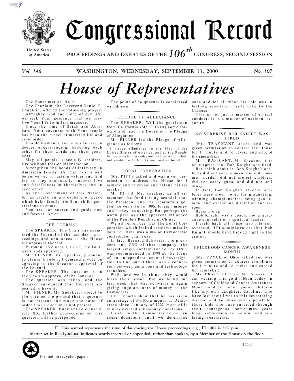 Congressional Record United States Th of America PROCEEDINGS and DEBATES of the 106 CONGRESS, SECOND SESSION