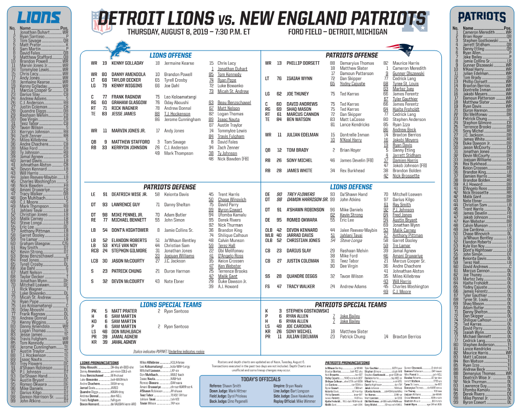 DETROIT LIONS Vs. NEW ENGLAND PATRIOTS No