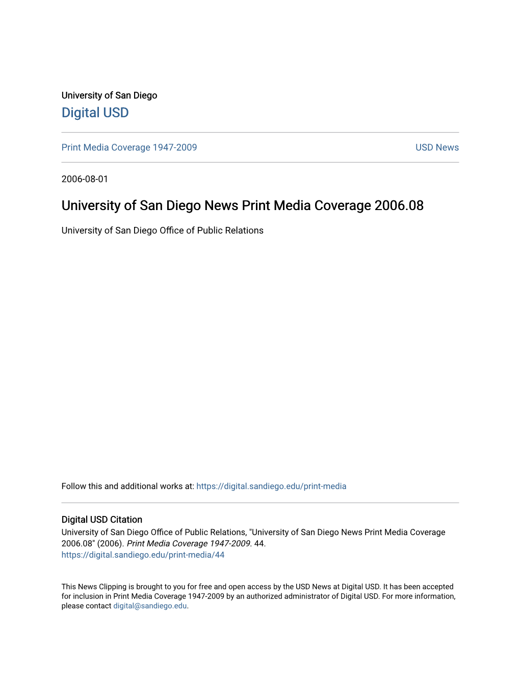 University of San Diego News Print Media Coverage 2006.08