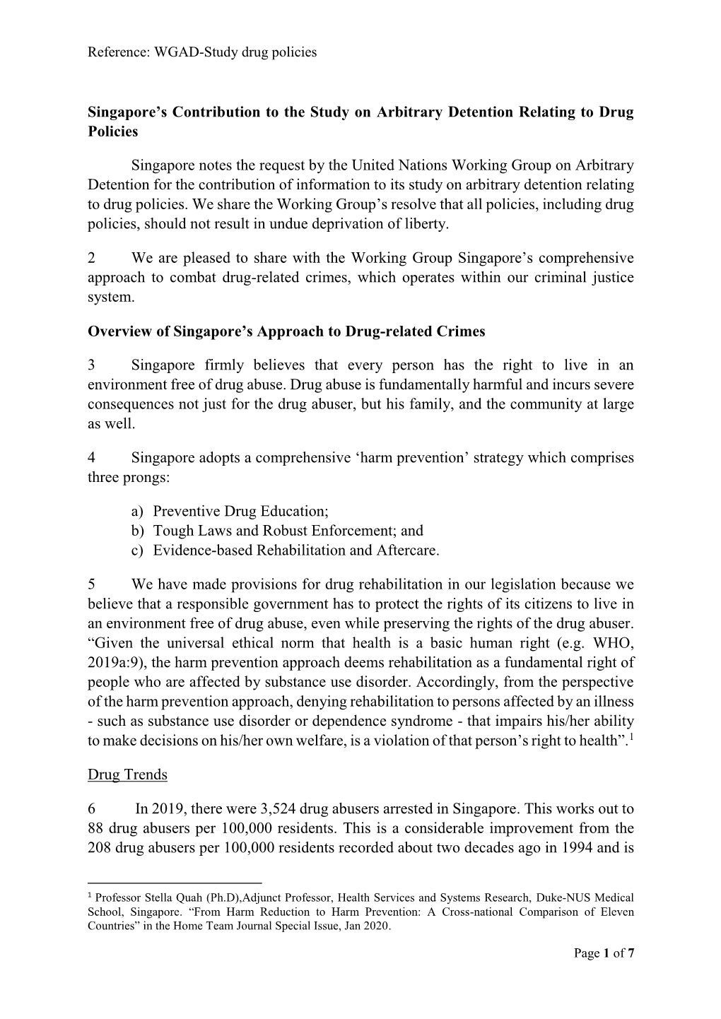 Singapore's Contribution to the Study on Arbitrary Detention Relating To