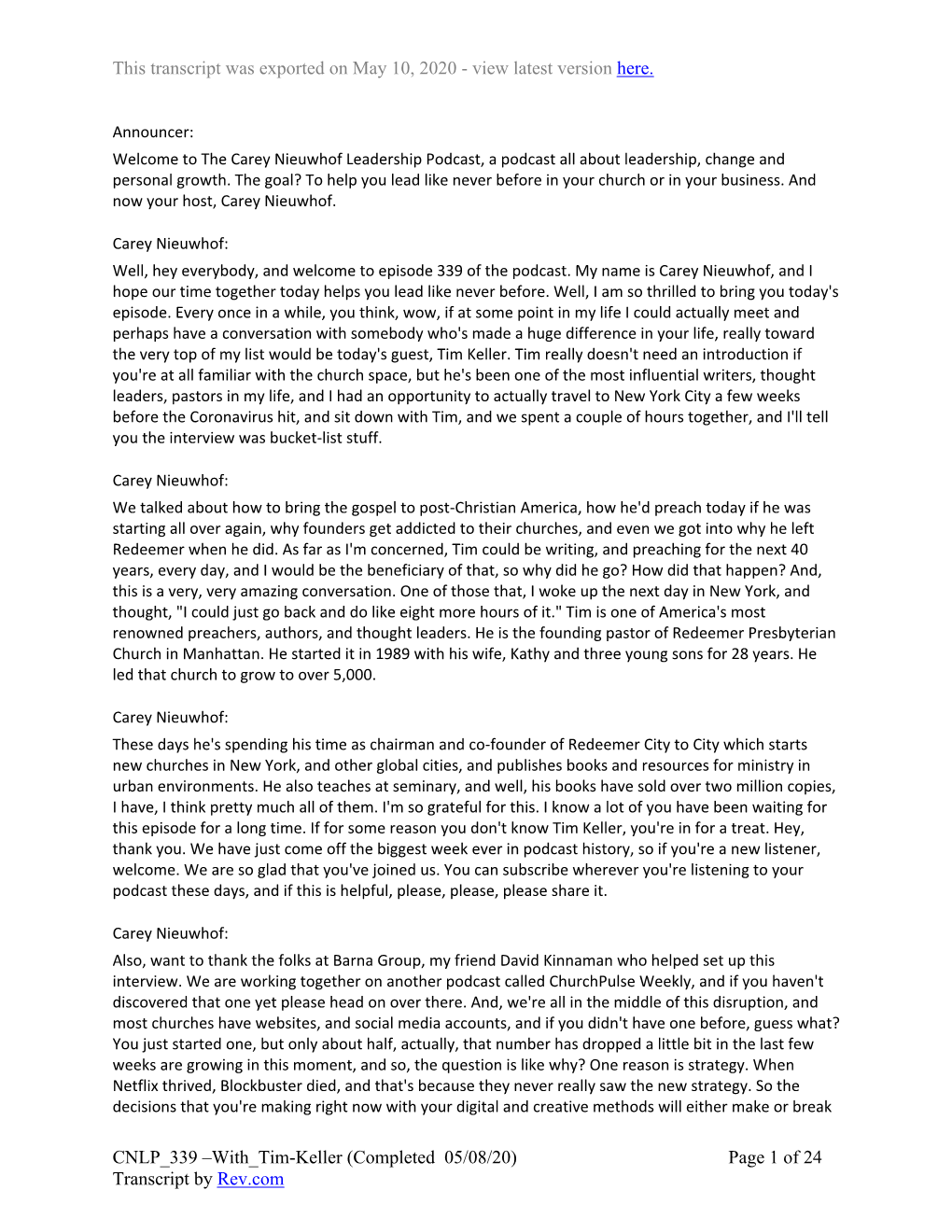 With Tim-Keller (Completed 05/08/20) Page 1 of 24 Transcript by Rev.Com This Transcript Was Exported on May 10, 2020 - View Latest Version Here